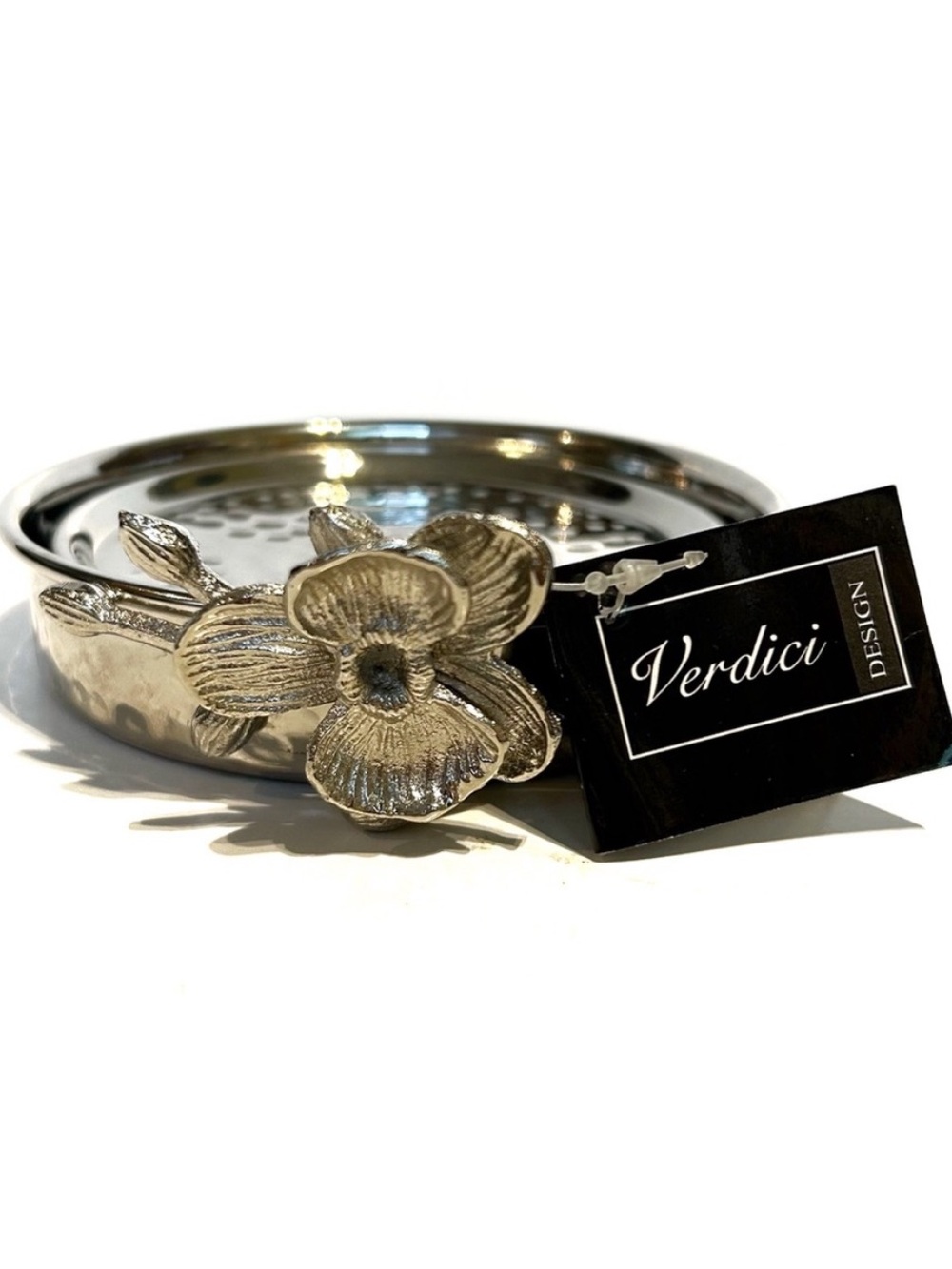 Verdici Design Silver Tone Flower Coaster Holder 4 Coasters Floral Shiny Italian